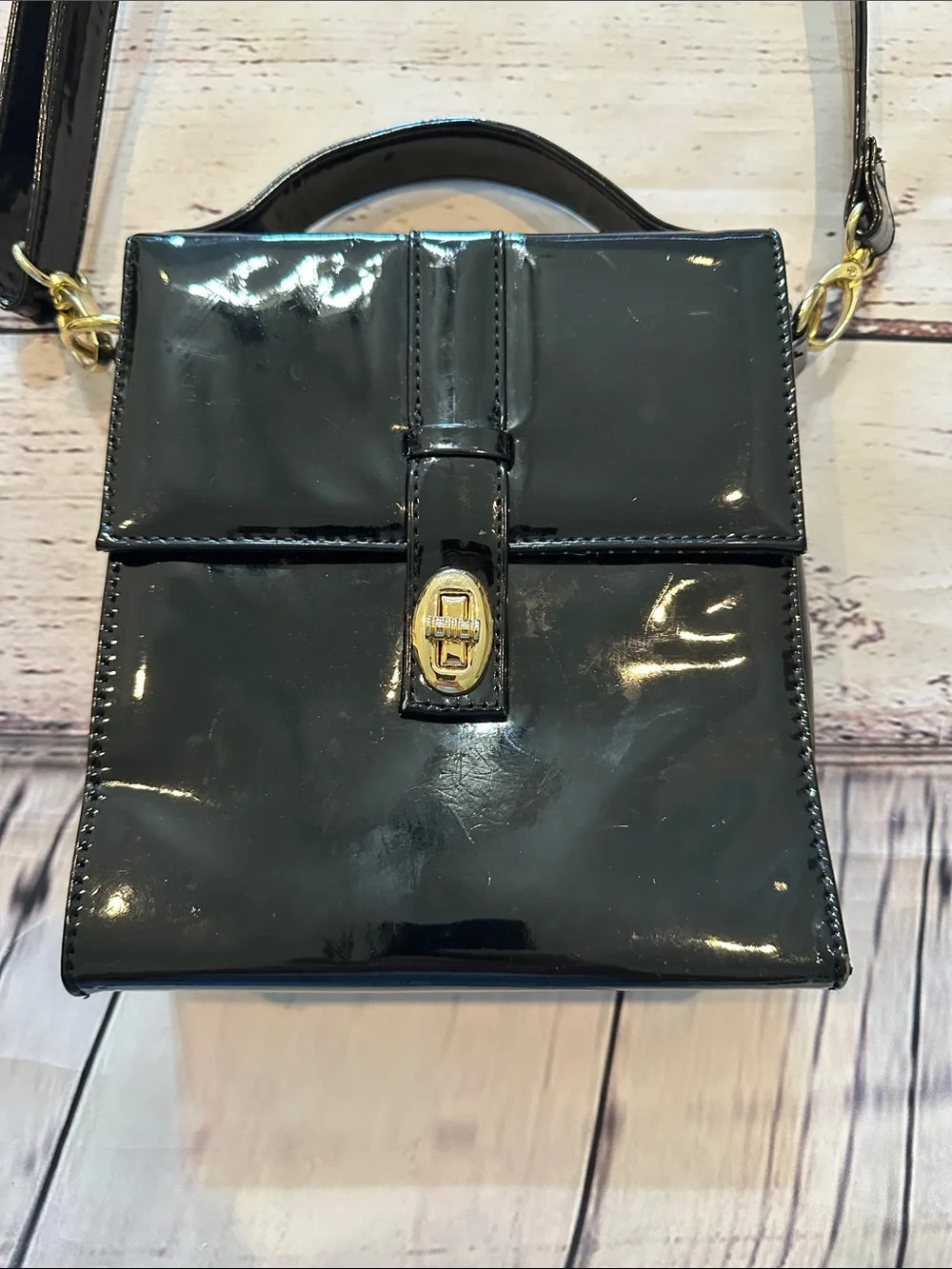 Forever 21 Patent Black Crossbody Satchel with Top Handle